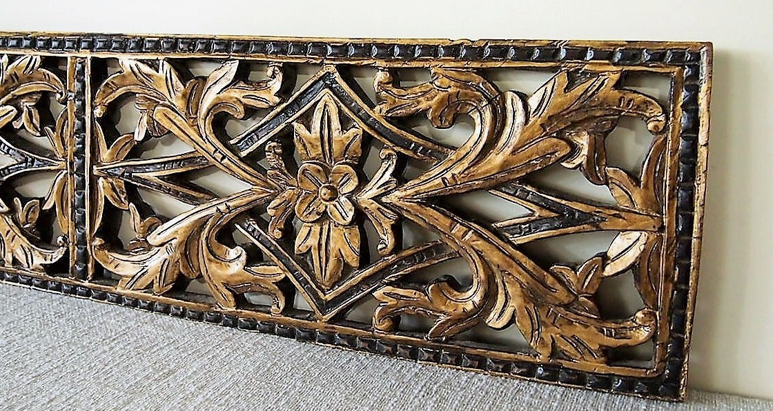 Old Gold Painted Carved Teak Panel 129
