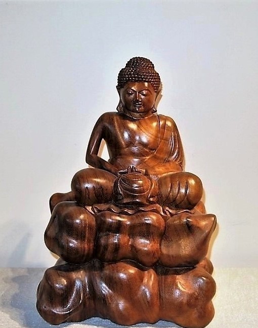 Meditating Buddha on Clouds Bali Wood Carving Statue