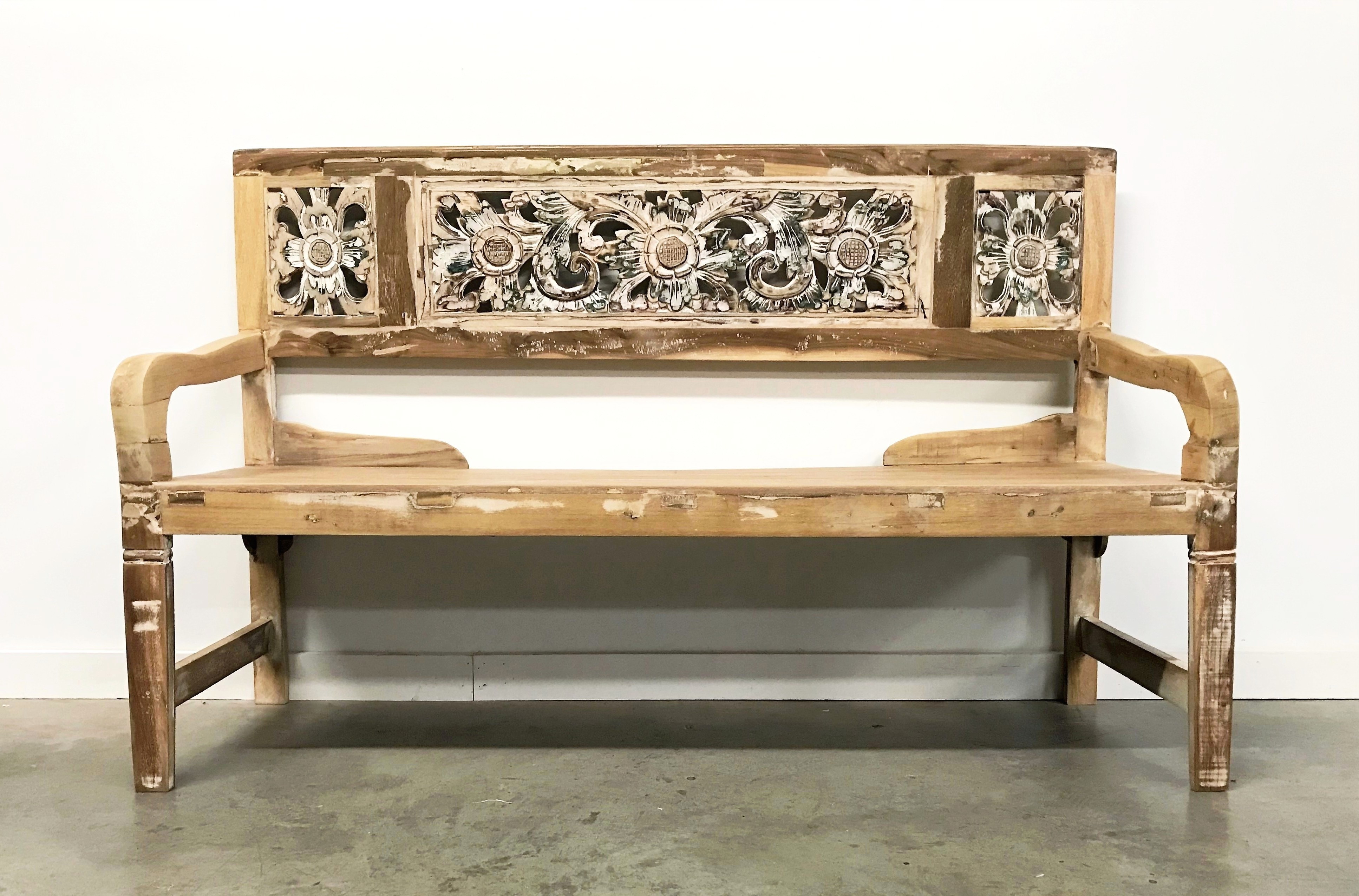 Carved Whitewashed Reclaimed Wood Bench