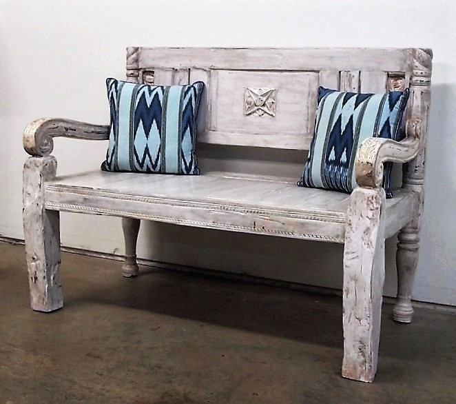 Painted Carved Reclaimed Wood Bench