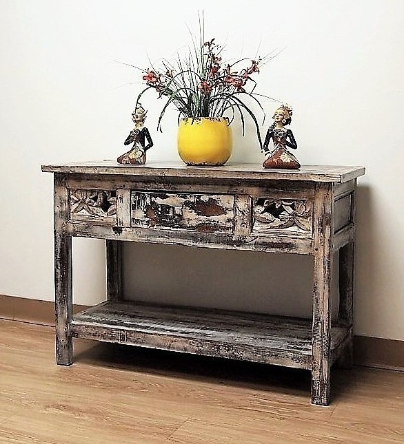 Reclaimed Wood Carved Console Table Distressed Finish