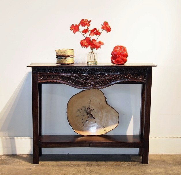 Narrow Carved Console Table with Old Teak Panel