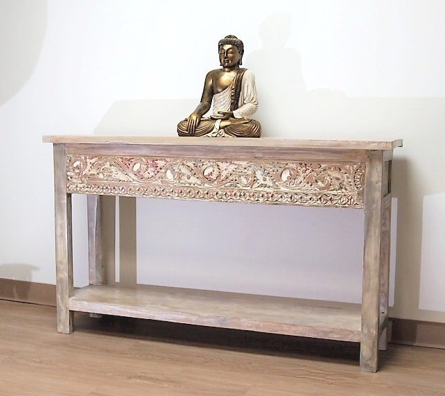 Whitewashed Carved Console Table with Shelf