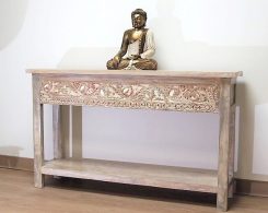 Whitewashed Carved Console Table with Shelf