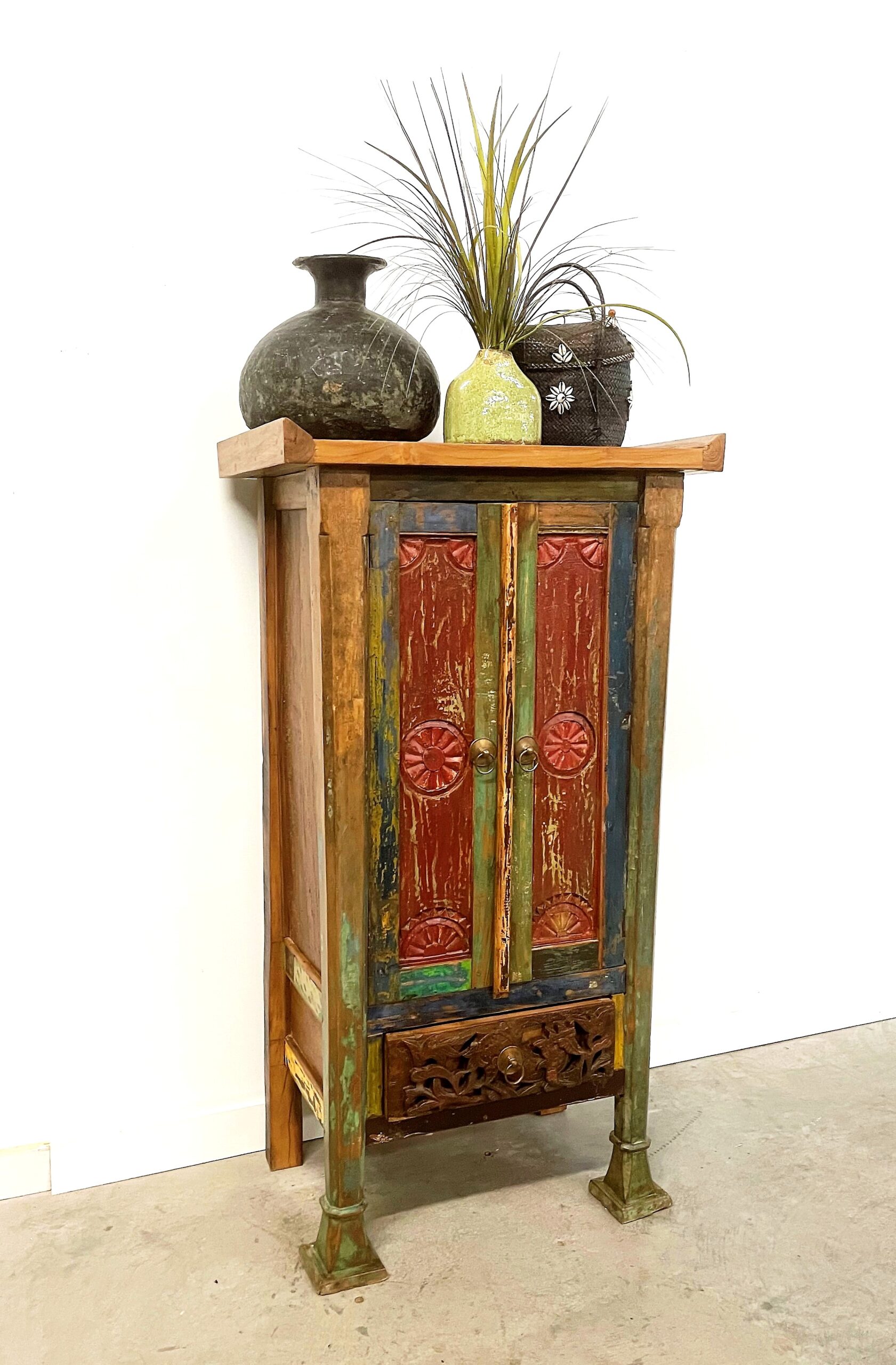Distressed Painted Reclaimed Teak Asian Cabinet