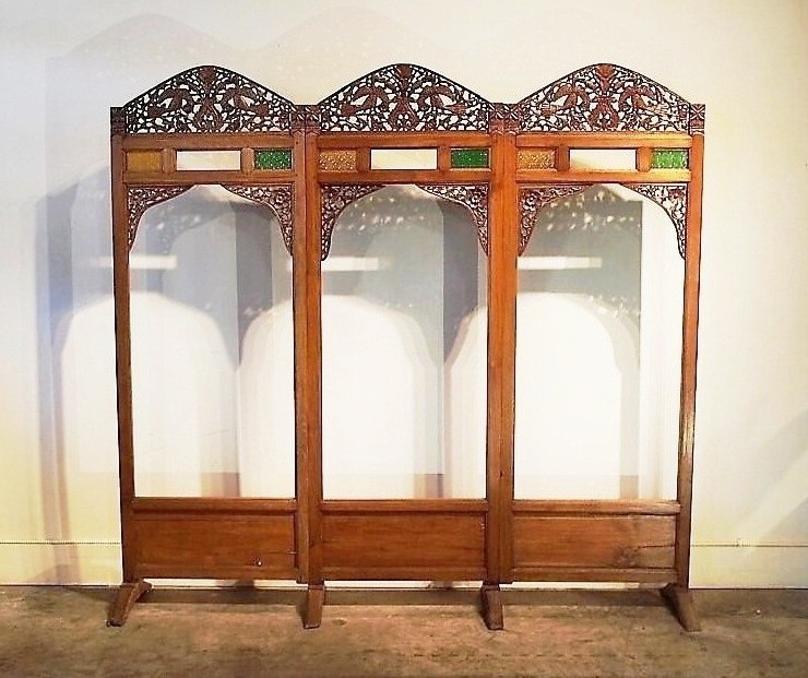 Old Carved Teak Screen Headboard with Glass