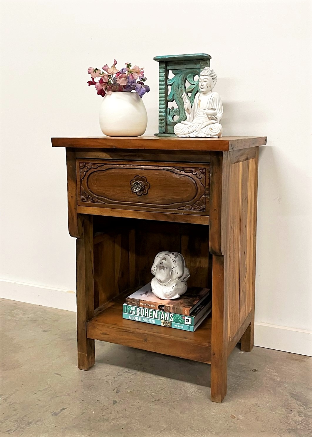 Carved Wood Nightstand with Storage