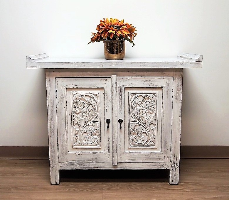 Reclaimed Teak Whitewashed Carved Console Cabinet
