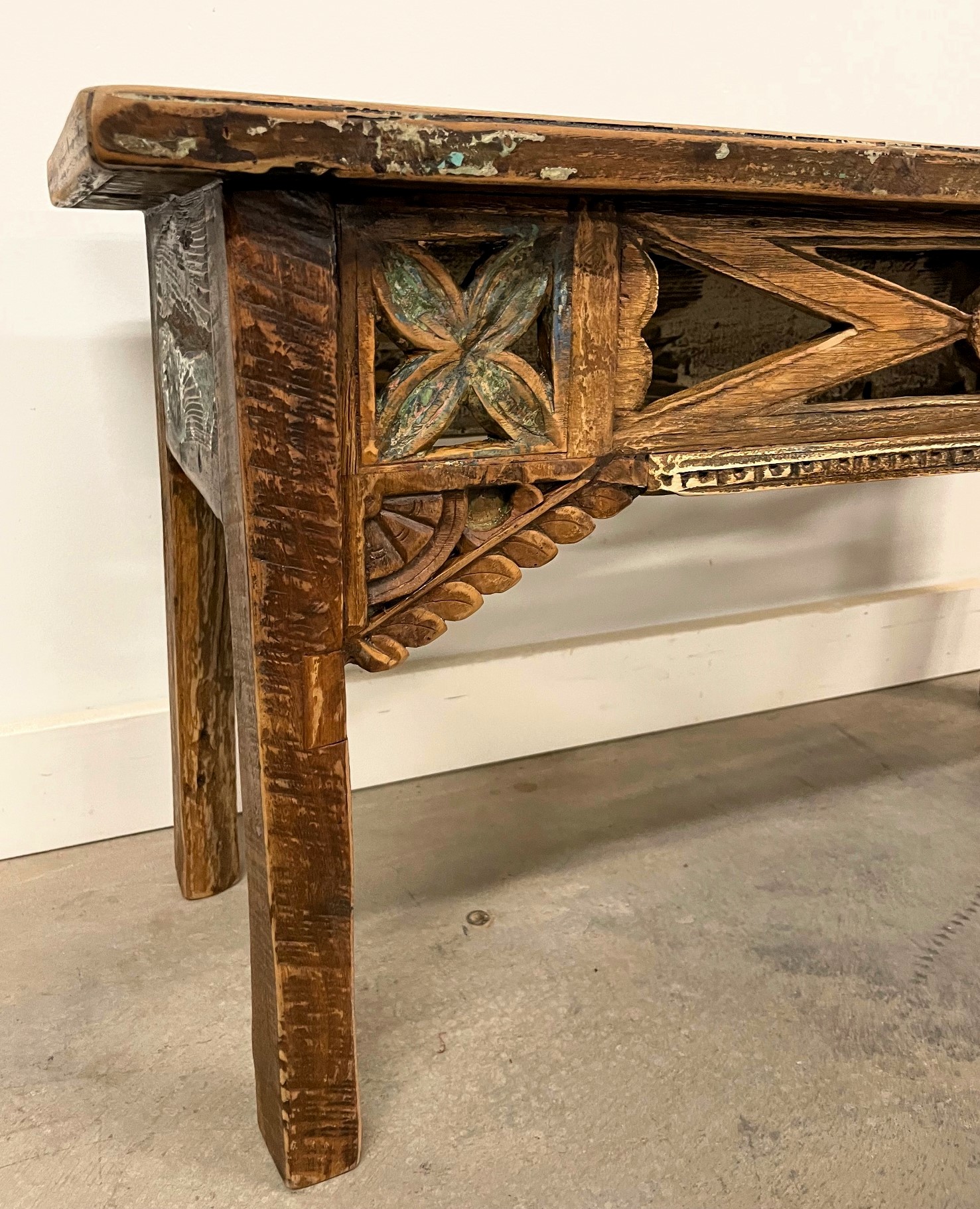 Small Carved Distressed Reclaimed Wood Bench | Gado Gado