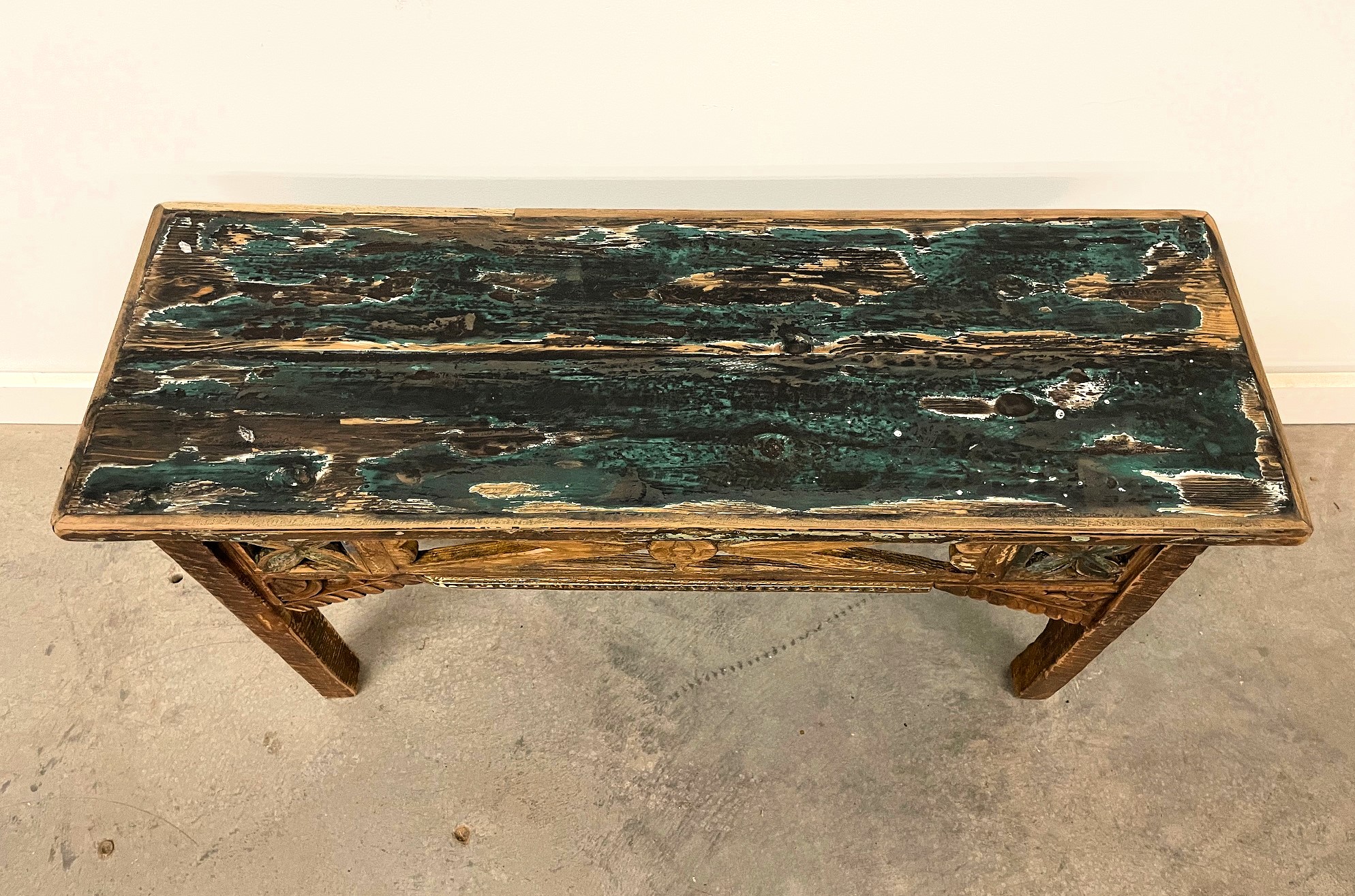 Small Carved Distressed Reclaimed Wood Bench | Gado Gado