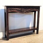 Narrow Carved Console Table with Old Teak Panel Narrow Carved Console Table with Old Teak Panel