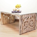 Hand Carved Reclaimed Wood Coffee Table Whitewash Finish