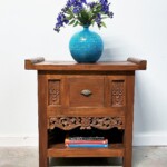 Reclaimed Teak Carved Indonesian Side Table with Drawer