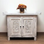 Reclaimed Teak Whitewashed Carved Console Cabinet