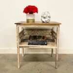 Whitewashed Carved Side Table with Open Shelf