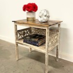 Whitewashed Carved Side Table with Open Shelf