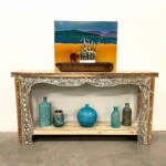 Whitewashed Old Carved Panel Balinese Console Table with Shelf