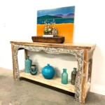 Whitewashed Old Carved Panel Balinese Console Table with Shelf