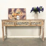 Whitewashed Old Carved Panel Indonesian Console Table