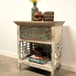 Distressed Whitewashed Carved Accent Table with Open Shelf