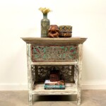 Distressed Whitewashed Carved Accent Table with Open Shelf