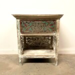 Distressed Whitewashed Carved Accent Table with Open Shelf
