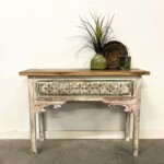 Hand Crafted Whitewashed Carved Wood Console Table