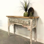 Hand Crafted Whitewashed Carved Wood Console Table