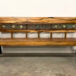 Long Narrow Armless Carved Wood Bench 6.5 feet