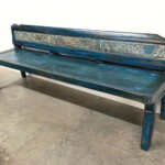 Long Distressed Painted Reclaimed Wood Carved Bench Turquoise